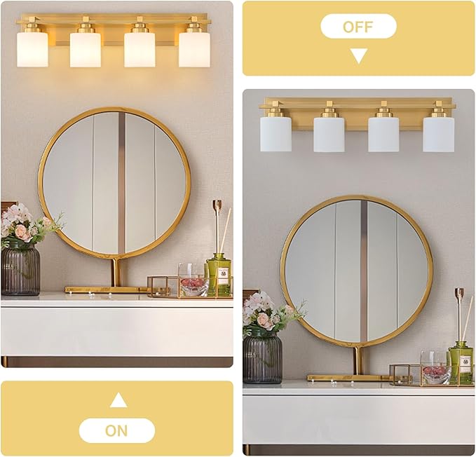 4 Light Modern Bathroom Light Fixtures Over Mirror, Brass Finish Vanity Lights for Bathroom Wall Sconces with Milky White Glass Shades, E26 Socket (Bulbs Not Included)