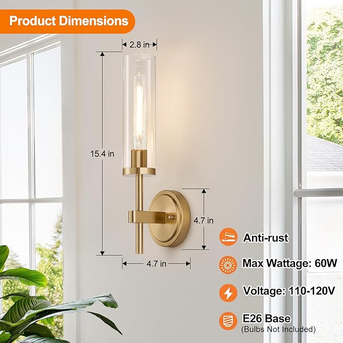 Wall Sconces Set of Two, Brushed Gold Bathroom Sconces with Clear Glass, Hardwired Sconces Wall Decor Set of 2, Modern Wall Light Fixtures for Bathroom Mirror Living Room Bedroom Hallway