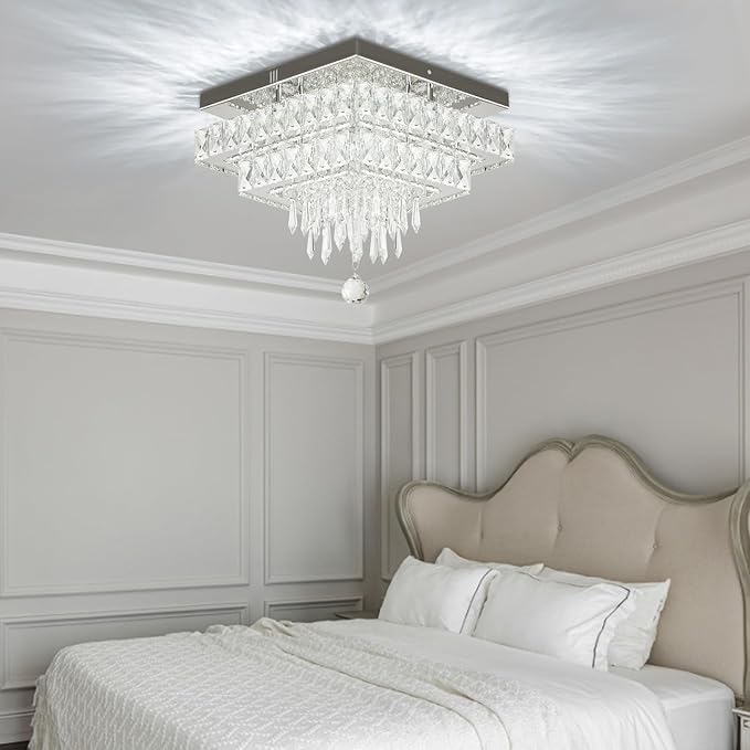 Finktonglan 13'' Square Crystal LED Ceiling Light, Modern Chandeliers with Multilayer Crystal, Flush Mount Ceiling Lights for Dining Room, Bedrooms, Entryway, Living Room, 6500K Cool White
