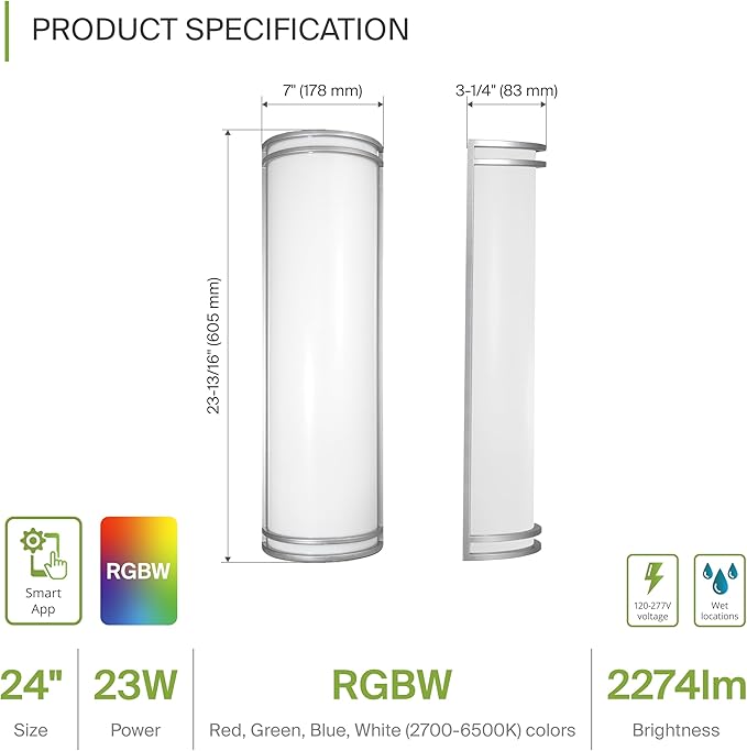 ASD 24 Inch Smart RGBW LED Outdoor & Indoor Wall Mount Light Fixture - Nickel RGB Wall Sconce Exterior Lighting - 120-277V 23W 2700-6500K Dimmable, Remote Control, Alexa - Front Door, Patio ETL
