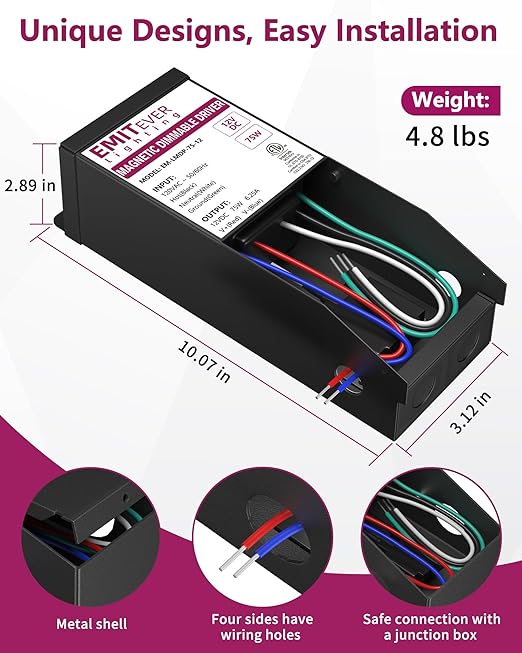 EMITEVER 75W Magnetic Dimmable LED Drvier, 12V Transformer Magnetic Power Supply 120VAC to 12VDC, Compatible with Lutron and Leviton Dimmer, for LED Strip Light,Kitchen,Cabinet,ETL Listed