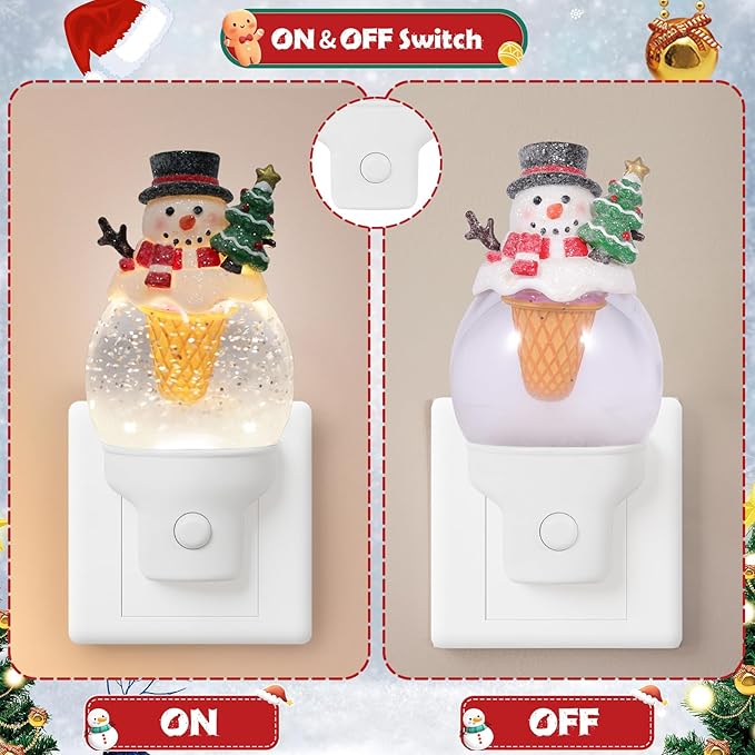 2 Pack Christmas Night Light Plug into Wall Glitter Water Nightlight with USB/Outlet Options, Christmas Snowman Ice Cream Decorative Nightlight for Holiday Decorations Gifts (Snowman Ice Cream)