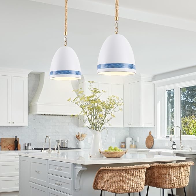 Coastal White Pendant Light Metal Dome Kitchen Island Pendant Lighting with Chain 10in Large Pendant Hanging Light Over Dining Table, Beach Ceiling Pendant Lights for Entryway Hallway