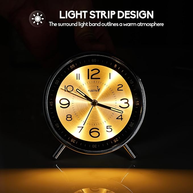 Super Silent Metal Alarm Clock,Beep Wake Round Alarm Clock with Strip Night Light,Battery Operated,Easy Set,Simple & Retro for Desk, Bedroom and Home Decoration(Metallic Silver)