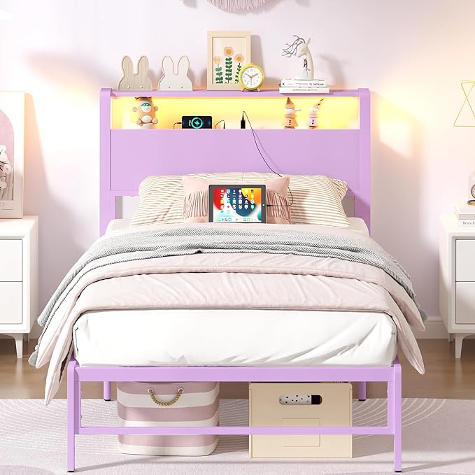 Weehom Twin Bed Frames with 2 Tiers Wood Storage Shelves Headboard, Twin Size Bed with Charger Stations and LED Light Under Bed Storage Space Platform Bed for Kids, Girls and Adults, Purple