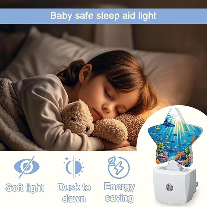 Underwater World Night Light,Sea Ocean Fish Plug-in Star Night Lights with Dusk-to-Dawn Sensor for Bedroom,Bathroom,Living Room Sleep Friendly Lamp for Women Girls Boys Gift,0.5W