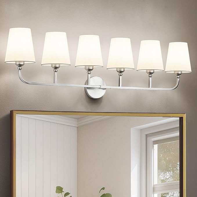 Brushed Nickel Bathroom Light Fixtures,6-Light Vanity Lights,Bathroom Lighting Fixtures Over Mirror with Flared White Fabric Shade,Modern Wall Sconce for Mirror Hallway Bedroom Living Room(ETL Listed)