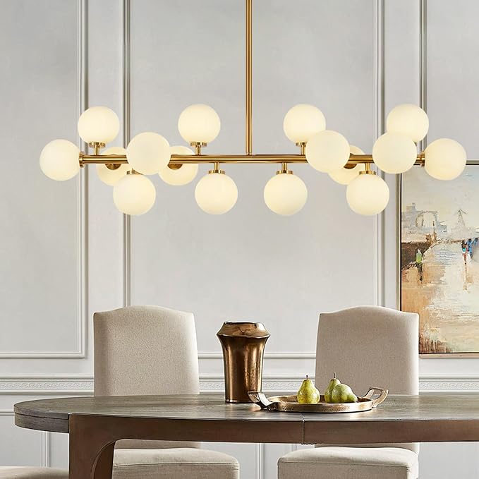 KCO Lighting Modern Glass Linear Pendant Light White Globe Chandelier Light Fixture Gold Rectangle Chandelier 16 Light Brass Globe Sputnik Dining Room Chandelier Mid Century Pendant Light