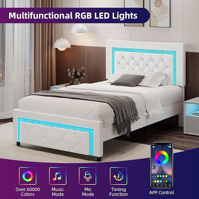 Twin Bed Frame with LED Lights, Upholstered Platform Bed with Diamond Tufted Headboard, No Box Spring Needed, Noise Free, Easy Assembly, White