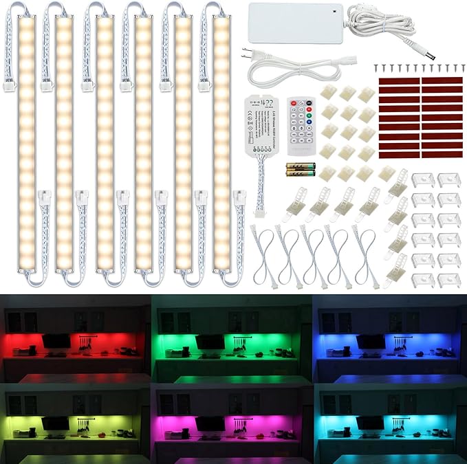 Kitchen Under Cabinet LED Light. RGBW. Color Change & Super Bright Cool White Light. Remote with Dimming. 6 LED Light Bars with Power Adapter, Extension Cable. Plug in. Easy to Install. RGB + 4000K.