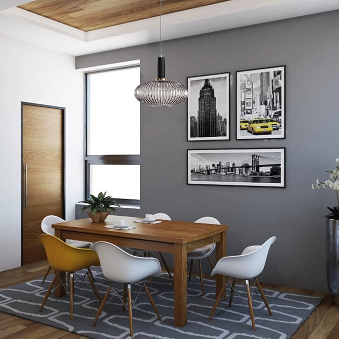 Pendant Light Black Lamp Holder and Glass Striped Light Shade Modern Pendant Lighting for Kitchen Island Farmhouse Hanging Lights Fixtures (L, Grey)