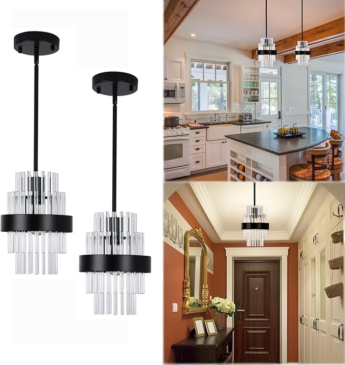 Pendant Light Fixtures, 7inch Modern Glass Pendant Lighting, Black Kitchen Island Lights, Height Adjustable Pendant Lighting (Matte Black, 2 Pack)