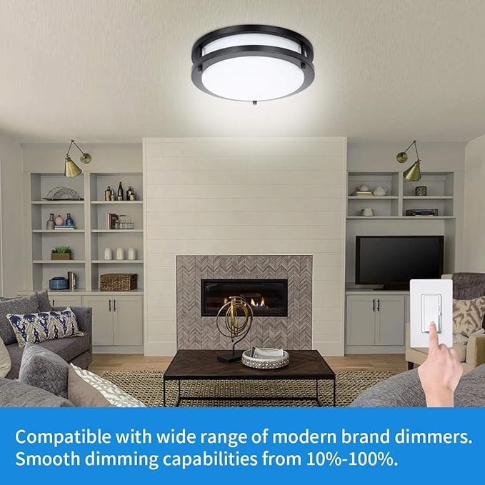 Drosbey 48W Dimmable LED Ceiling Light Fixture, 13.2in Flush Mount Light Fixture, Ceiling Lamp for Bedroom, Kitchen, Bathroom, Hallway, Super Bright 4000 Lumens,Blacck, 3000K Warm White