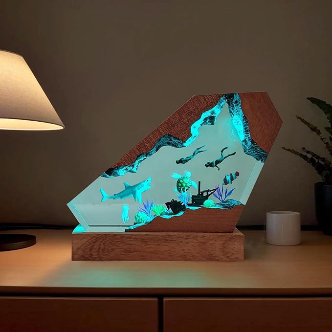 Shark Ocean Resin Lamp, Handmade Resin Night Light for Home Office Decor, Multi-Color LED Light with USB Port, Shark Gifts for Birthday Holiday, Valentine's Day Gifts for Men Him Kids (8"x5")