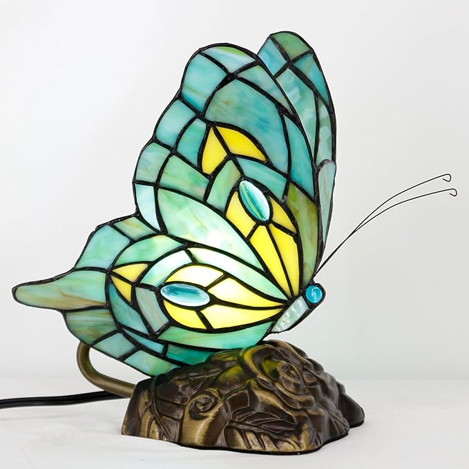 Small Tiffany Table lamp Stained Glass Butterfly Desk Lamp 7X5X9.8 Inch Accent Antique Light (Green Butterfly)