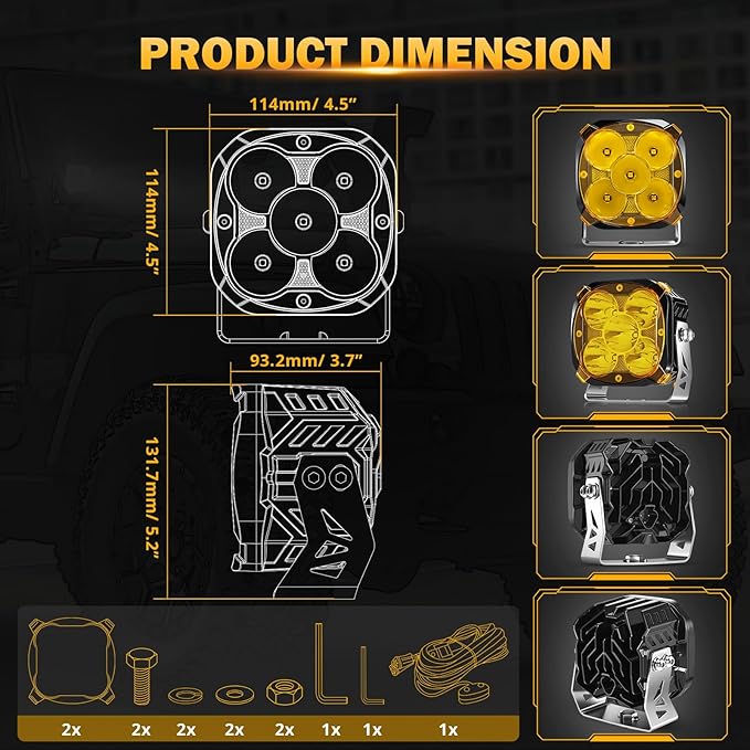 Auxbeam XP-Ultra Series 4.5'' LED Pods, 128W 15200LM Hyper Spotlight Offroad Lights with DRL, Off Road Light Bars Fog Light with Amber Covers, Cube Ditch Lights for Jeep UTV ATV Off Road, Pair