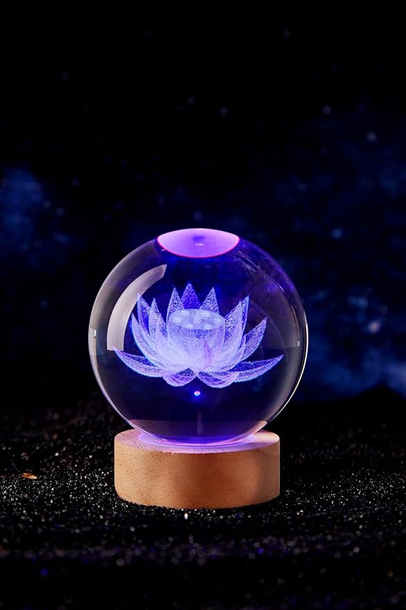 Large Lotus Crystal Ball Night Light with Woodern Base, 3D Lotus Crystal Lamp 16 Color Changing with Remote Control, Laser Engraved Glass Flower Ball Lamp, Room Decor (Love)
