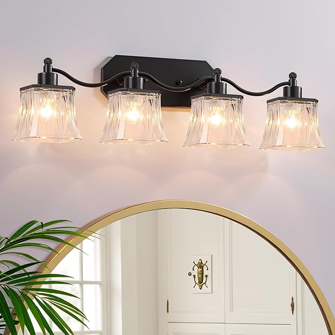 Bathroom Vanity Light Fixtures, 4-Light Vintage Matte Black Vanity Lights with Crystal Glass Shades, Farmhouse Bathroom Lighting Fixtures Over Mirror for Bathroom Bedroom Hallway