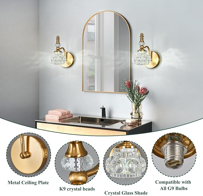 Modern Wall Sconce Set of Two Indoor Lamp Gold Vintage Glass Light Bathroom Vanity Fixture Wall-Mounted Room Lighting