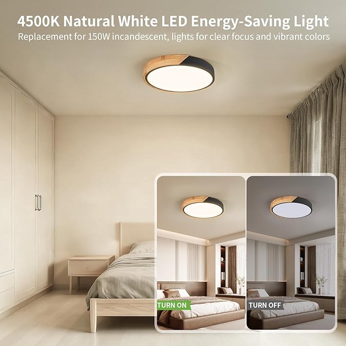 Modern LED Ceiling Light for Bedroom: Minimalist Wood Flush Mount Ceiling Light Fixture with Acrylic Lampshade - 4500K Not Dimmable Overhead Ceiling Lamps for kitchen hallway living room (11.8" Black)