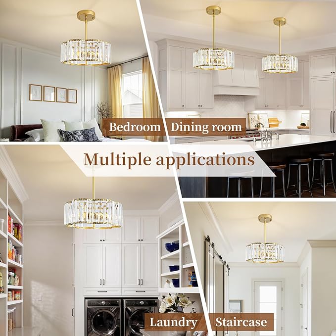 Small Gold Crystal Chandelier,3-Ligh Modern Dining Room Light Fixture Over Table,Round Kitchen Hallway Lighting Fixture, Semi Flush Mount Ceiling Pendant Light for Entryway Foyer， 12''