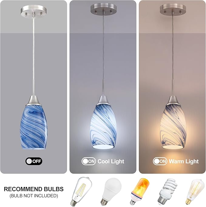 Mini Glass Pendant Light 1-Pack Dark Blue Marble Art Glass Pendant Lights Kitchen Island Brushed Nickel Finish Hanging Light for Kitchen Over Sink,Dining Room,Foyer,Hallway