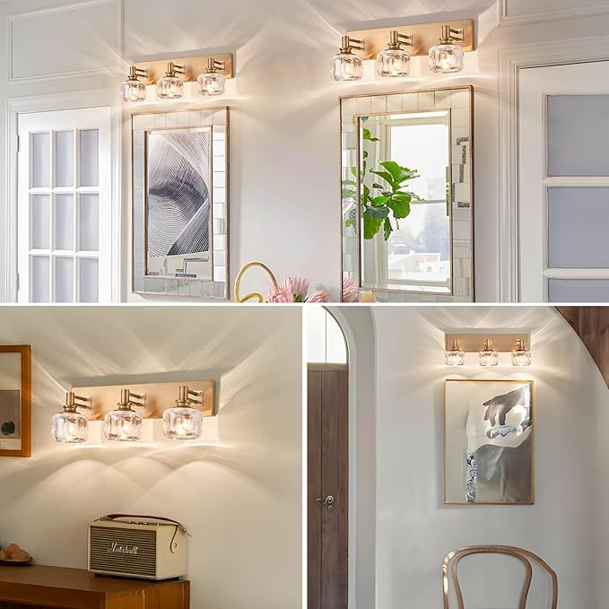 Vintage Vanity Light 3-Light Antique Vanity Lighting Brushed Brass Glass Vanity Light for Bathroom(21.6 inches in Length)