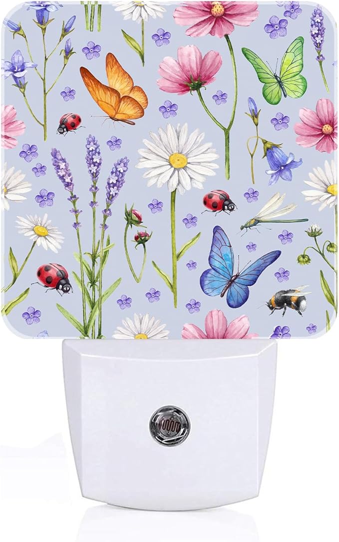 Wild Flowers and Insects Butterflies Night Light,Plug Into Wall for Boys Girls Bedroom Decorative Square Night Light Lamp 0.5w Sleep Friendly