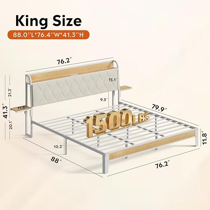 WLIVE King Size Bed Frame with Headboard, Upholstered Bed Frame with 2 Storage Shelves, Platform Bed with LED Lights and Charging Station, 1500LBS Mattress Foundation, No Box Spring Needed, Beige