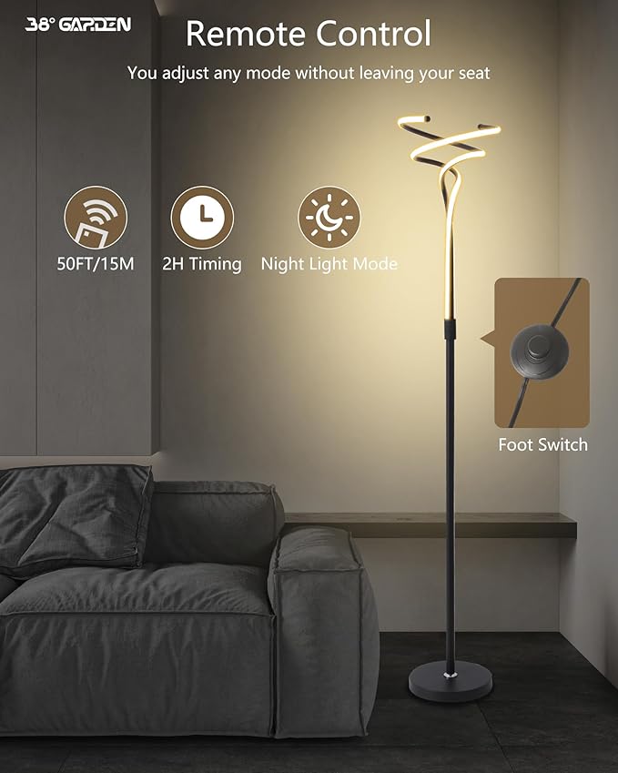 LED Floor Lamp Remote Control, 67'' Modern Spiral Floor Lamps for Living Room 3 Color Temperature 40W Black Dimmable Tall Standing Light Arched Bright Unique Indoor Corner Lamps
