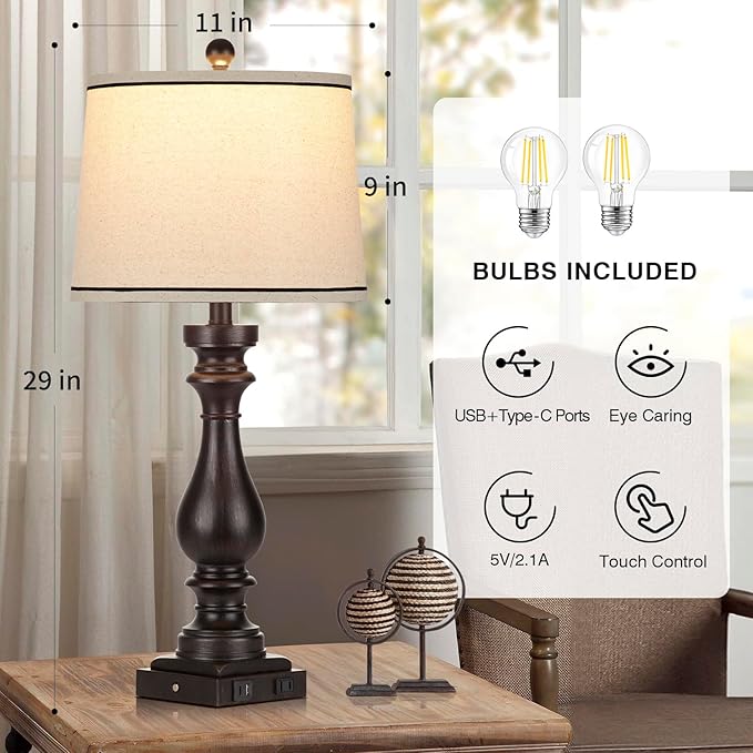 27.5" Farmhouse Table Lamp for Living Room Set of 2,Vintage Bedside Nightstand Lamps with USB C+A Ports & AC Outlet,3-Way Dimmable Touch Control Retro Black Desk Lamp for Bedroom,Black