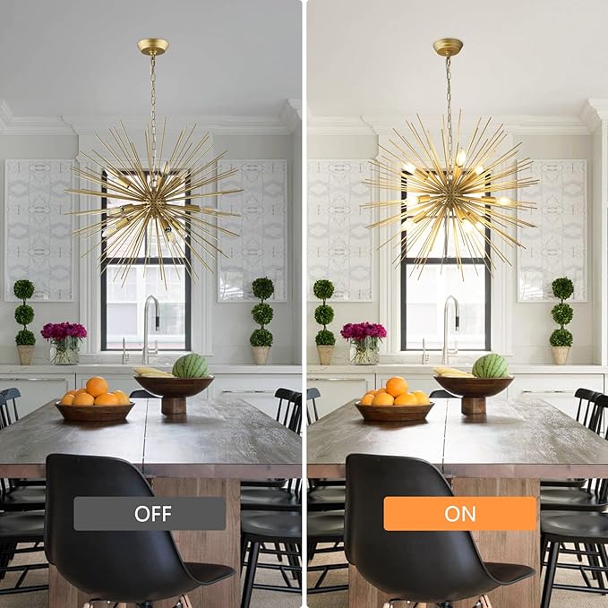 Modern 28.34" Golden Sputnik Chandelier Modern 9-Lights Geometric Starburst Chandelier Solid Metal Gold Sputnik Chandeliers for Dining Room, Kitchen, Bedroom, Living Room, E12
