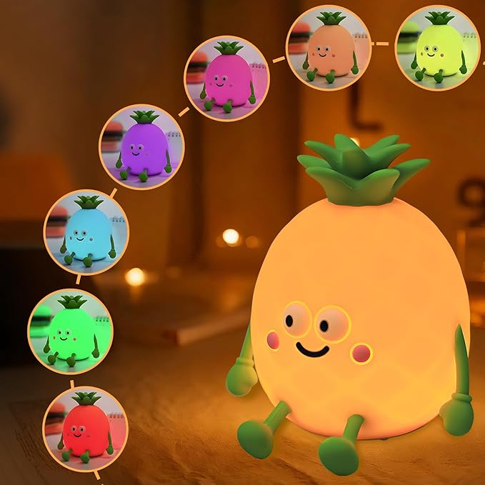 Cute Small Pineapple Fun Night Light - Dimmable RGB Touch Control Lamp, USB Rechargeable, Idea for Home, Office, and Gift