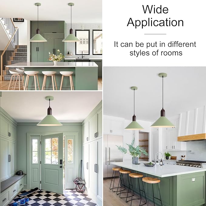 Modern Cone Pendant Lights Kitchen Island- Adjustable Hanging Lamp with Metal Shade & White Inner Finish- Single Head Ceiling Pendant Light for Dining Living Entryway Shop (Green-1 Pack)
