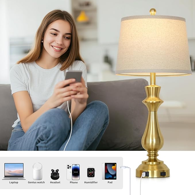 Modern Gold Table Lamp for Living Room,30" Tall Bedside Lamp with USB Charging Port,3-Way Dimmable Touch Nightstand Lamp for Bedroom Desk Side Table Office,Gold-1P