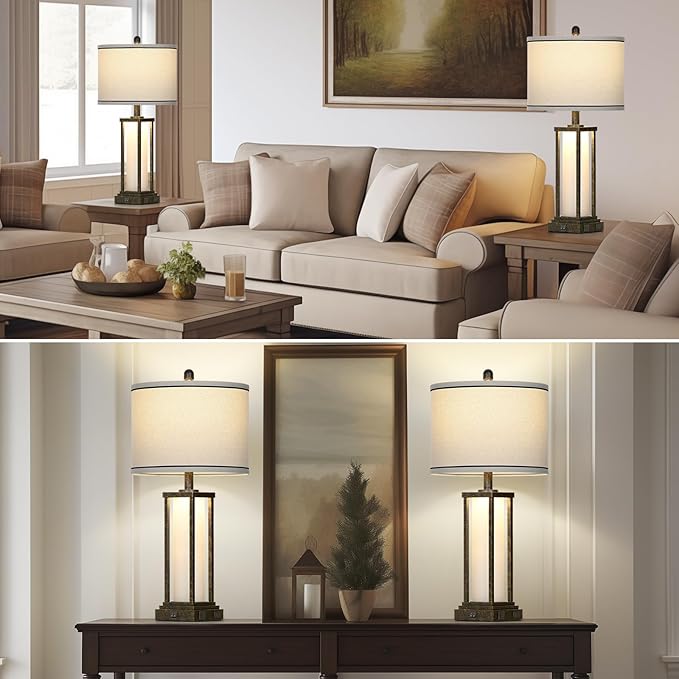 27" Tall Vintage Table Lamp Set of 2 with USB C+A & Outlet,Bronze Industrial End Table Lamp for Living Room,Farmhouse Rustic Bedside Lamps with Frosted Glass Night Light for Bedroom Nightstand,Bronze