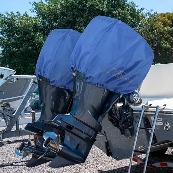 Explore Land Outboard Motor Cover - Waterproof 600D Heavy Duty Boat Engine Hood Covers - Fit for Motor 225-300 HP, Blue
