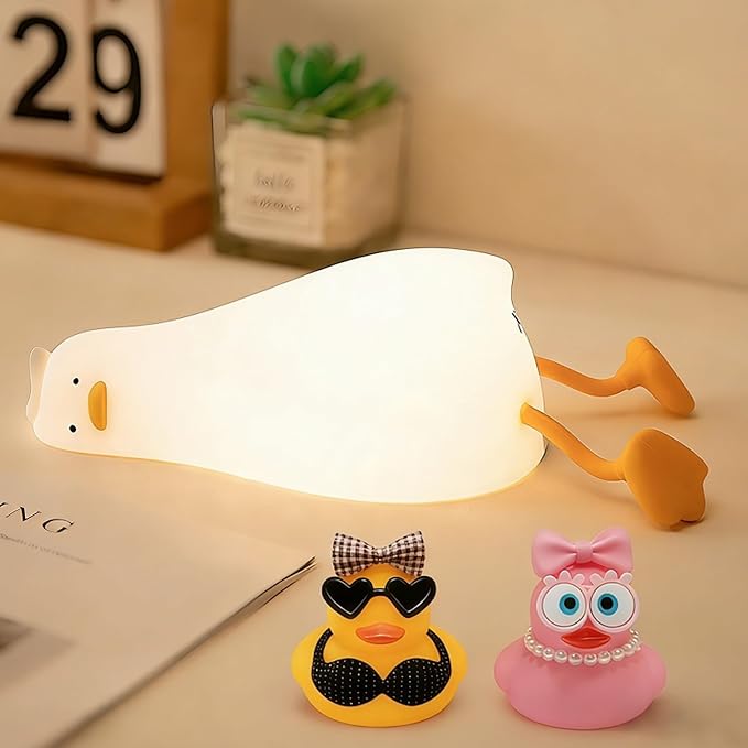 Lying Flat Duck Night Light,Cute White Elephant Gifts,Existential Crisis Duck Lamp,Silicone Squishy Animal Nursery Nightlight, Dimmable/Rechargeable Bedside Touch Lamp, Duck Gifts for Baby Kids Mom