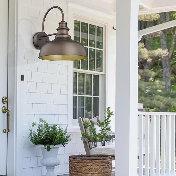 Bestshared Farmhouse Barn Light, 14 Inch Dome Farmhouse Wall Mount Light Fixture, Outdoor Wall Sconce,Exterior Lighting Fixture,Wall Porch Light for Front Door, Entryway,Patio(ORB+Gold, 14”Dome-2Pack)