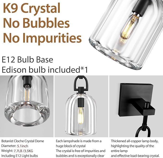 Botanist Cloche Crystal Wall Sconce, Modern Black and Crystal Bathroom Wall Sconces, Indoor Luxury Decorative Lighting Wall Sconce for Bedroom/Hallway/Stairs,Dimmable LED Included