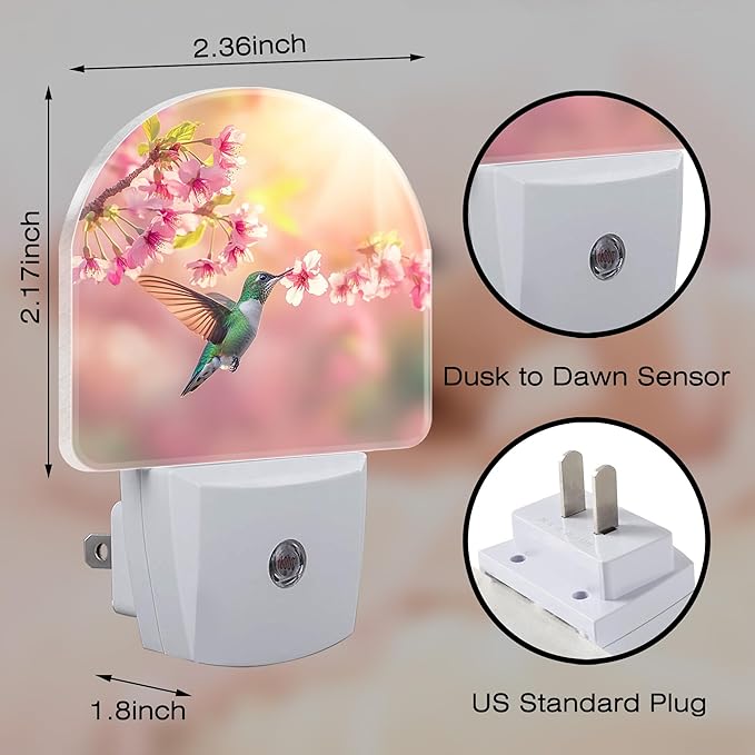 Hummingbird with Pink Flowers Night Light, Dusk-to-Dawn Auto Sensor Plug in Night Light for Kids, 0.5W Energy Saving LED NightLights for Bedroom/Bathroom, Ideal Gifts for Women Men