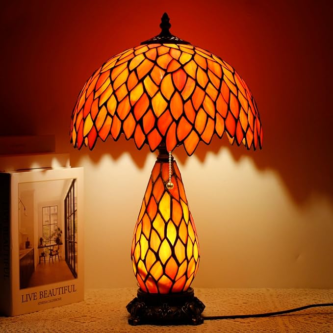 Tiffany Lamp Stained Glass Table Lamp 12X19 Inches Mother Daughter Vase Desk Accent Night Light for Bedroom Bedside Reading Home Antique Style(Wisteria Red Orange)