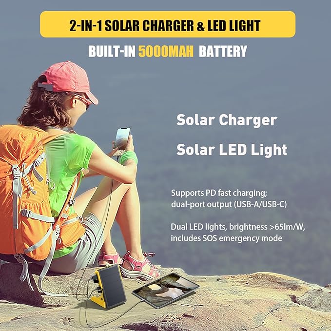 EYONGPV OWL-CSP Upgraded 2-in-1 Solar Emergency Lantern & Portable Solar Charger, Rechargeable LED Camping Light with 18W PD Fast Charging, 4 Modes & SOS for Power Outages & Outdoor Use (Yellow)
