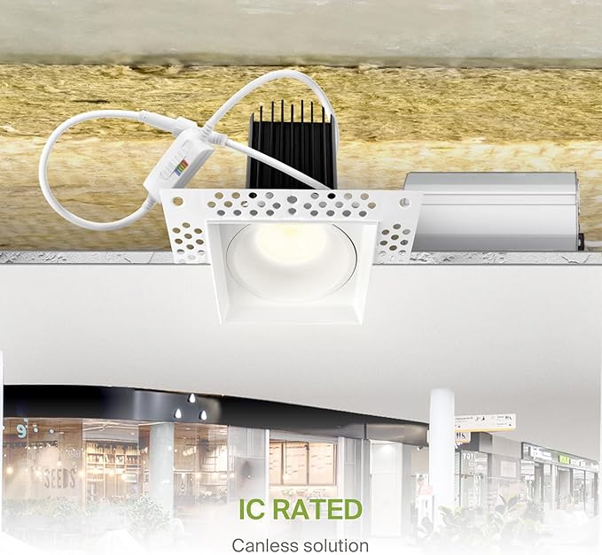 ASD Trimless 2 Inch LED Recessed Lighting, 15W 120V Commercial Square Downlight, Canless Dimmable Lights for Ceiling with J-Box, 5 CCT 2700K-5000K, CRI 90+, IC Rated, ETL Energy Star White, 18 Pack