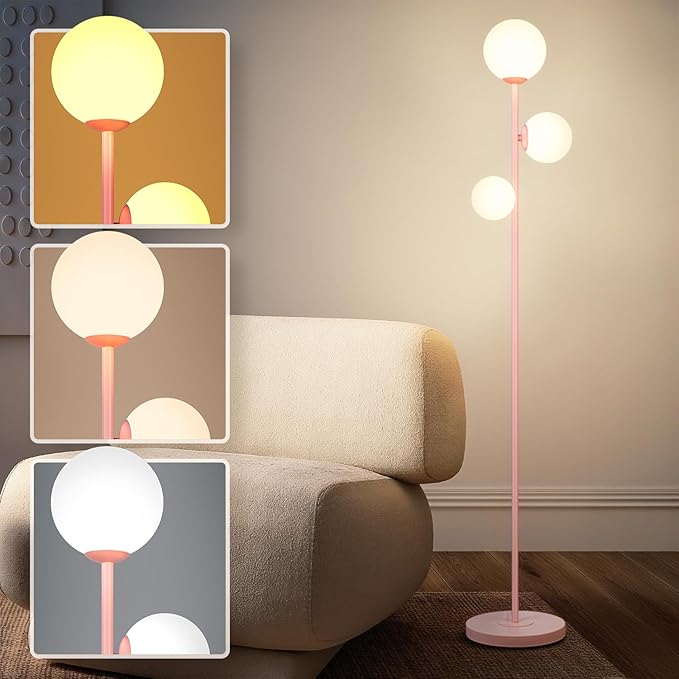 3 Globe Floor Lamps for Living Room, Mid Century Modern Standing Lamp with 3 Color Temperatures, Vintage Retro Tall Light with Frosted Glass Shades and LED Bulbs for Bedroom Office Corner (Pink)