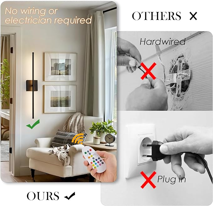 28.3 Inch 9 RGB Color Battery Operated Wireless Wall Sconces Set of Two, with Remote, Dimmable, Warm/Natural White/Daylight, Rotatable, LED Wall Light for Living Room, Bedroom, Black