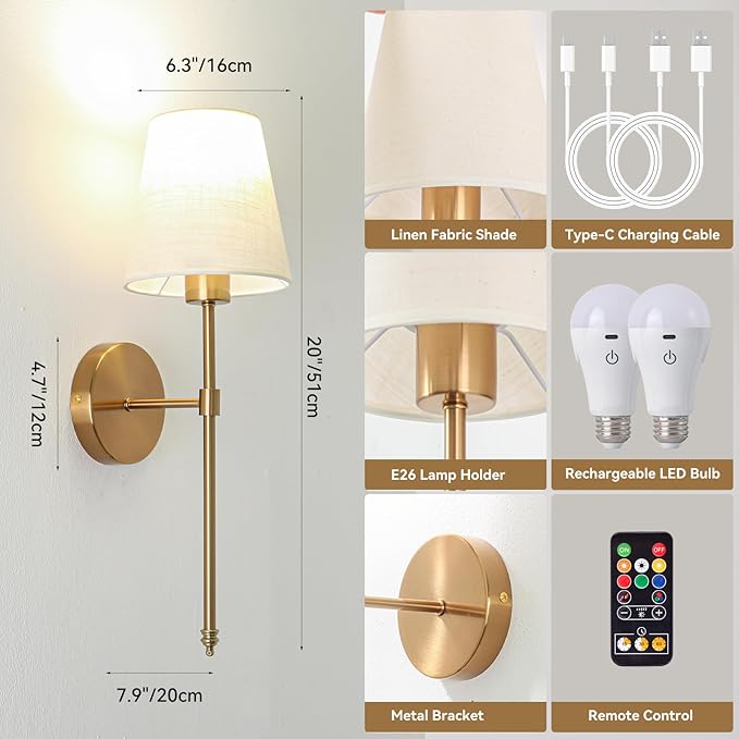 Battery Operated Wall Sconce Set of 2, Gold Rechargeable Wall Lights with Remote Control, Dimmable Wall Sconce Lighting with Fabric Shade, Wireless Wall Lamps for Living Room Hallway
