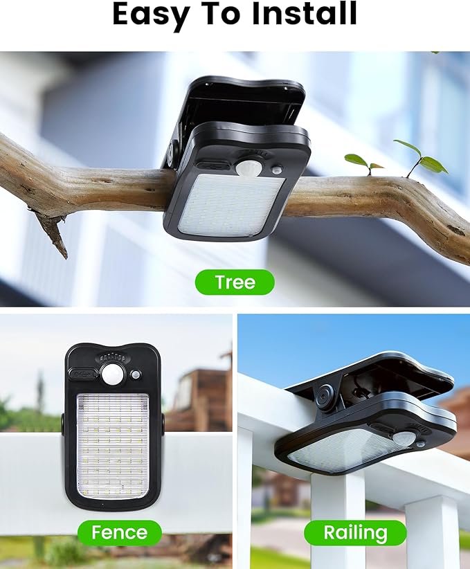 Clip on Solar Lights for Fence, 3 Modes Solar Motion Lights Outdoor Waterproof, 60LEDs 500LM Portable Security Light for Fence, Deck, Garage, Camping, USB Charging, 2 Black