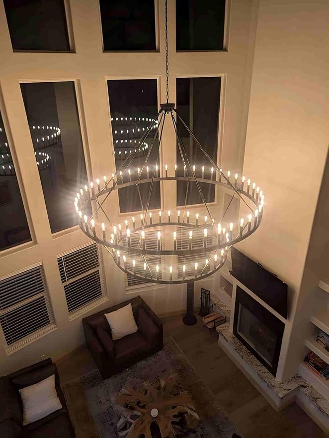 2 Tier Large Black Wagon Wheel Chandelier Farmhouse Industrial Chandelier Rustic Pendant Light Fixture Extra Large Wheel Chandeliers for high Ceilings (Black, 70 Inch 40-Lights)