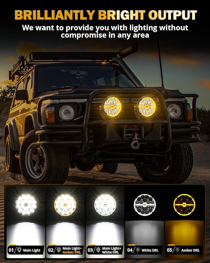 Auxbeam RAY-L Series 7 Inch Round LED Offroad Driving Light Bar with White/Amber DRL 240W Spot Beam Spotlights Offroad Lighting for 4x4 Jeep UTV ATV, Pair